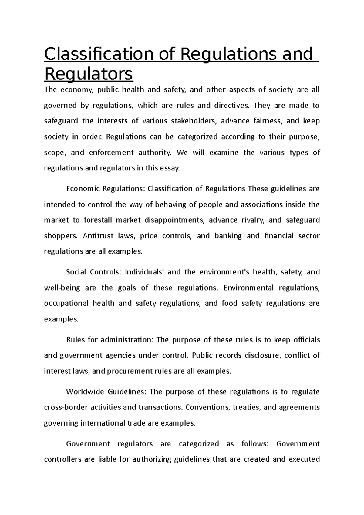 Classification of Regulations and Regulators: A Comprehensive Overview ...