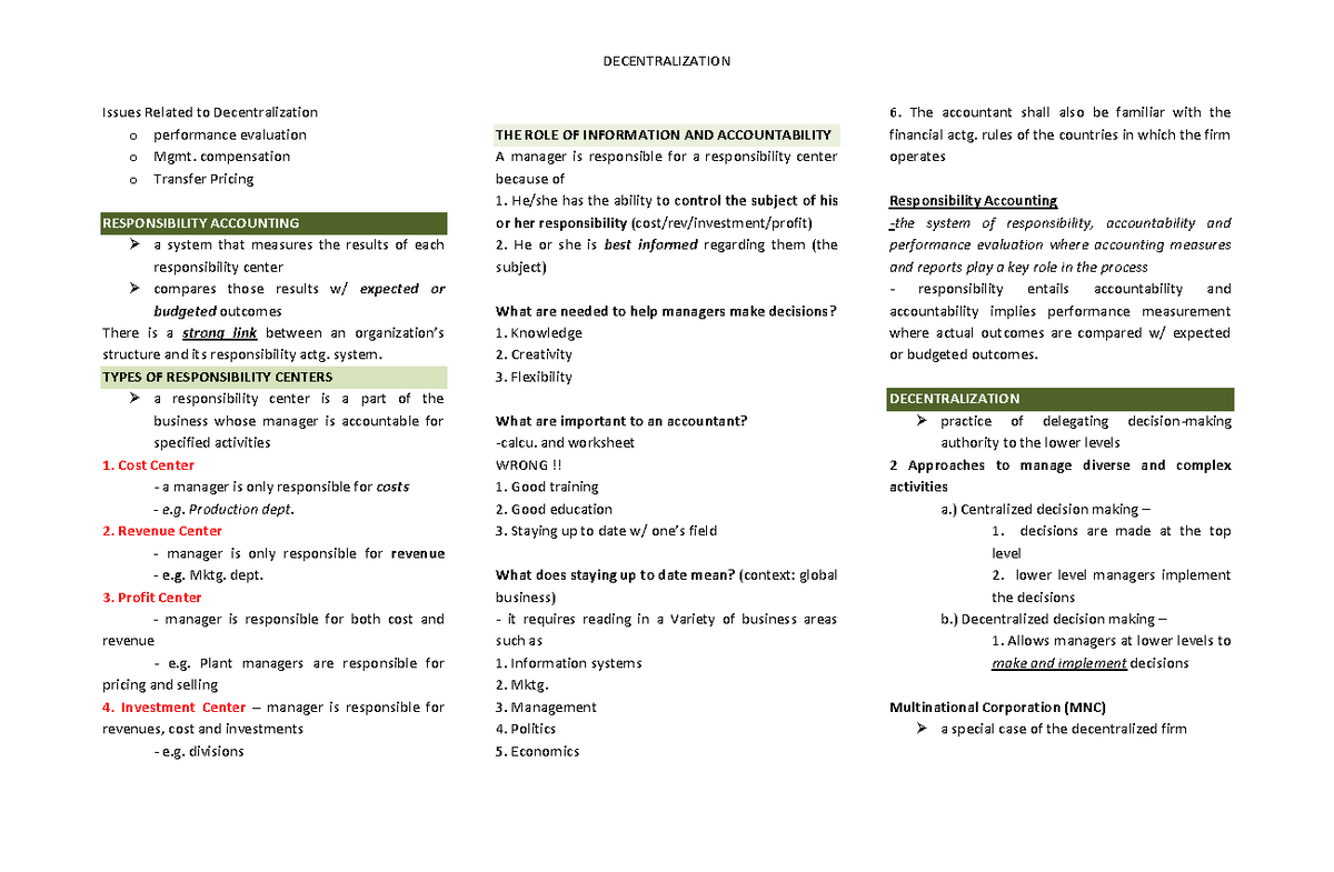 Decentralization and Notes - Issues Related to Decentralization o ...