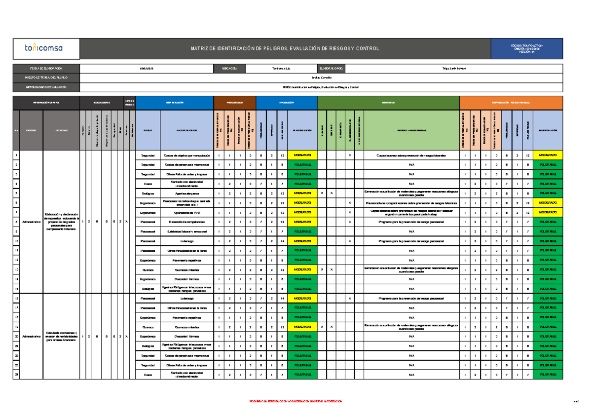 MATRIZ DE IDENTIFICACIÓN DE PELIGROS Y EVALUACIÓN DE RIESGOS - TON-FO ...