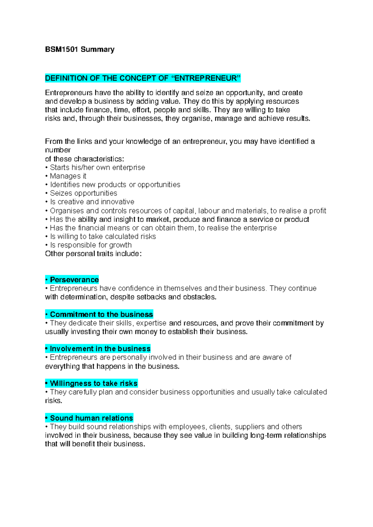 BSM1501 Entrepreneurial Concepts and Business Management Summary - Studocu