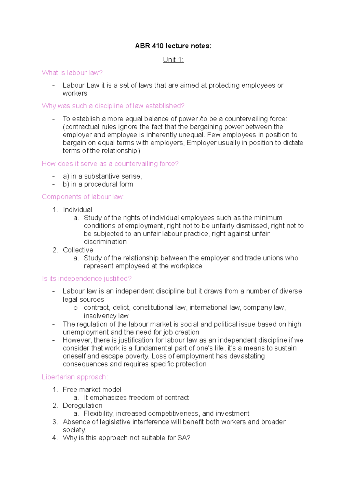 ABR 410 Lecture Notes: Understanding Labour Law Fundamentals - Studocu