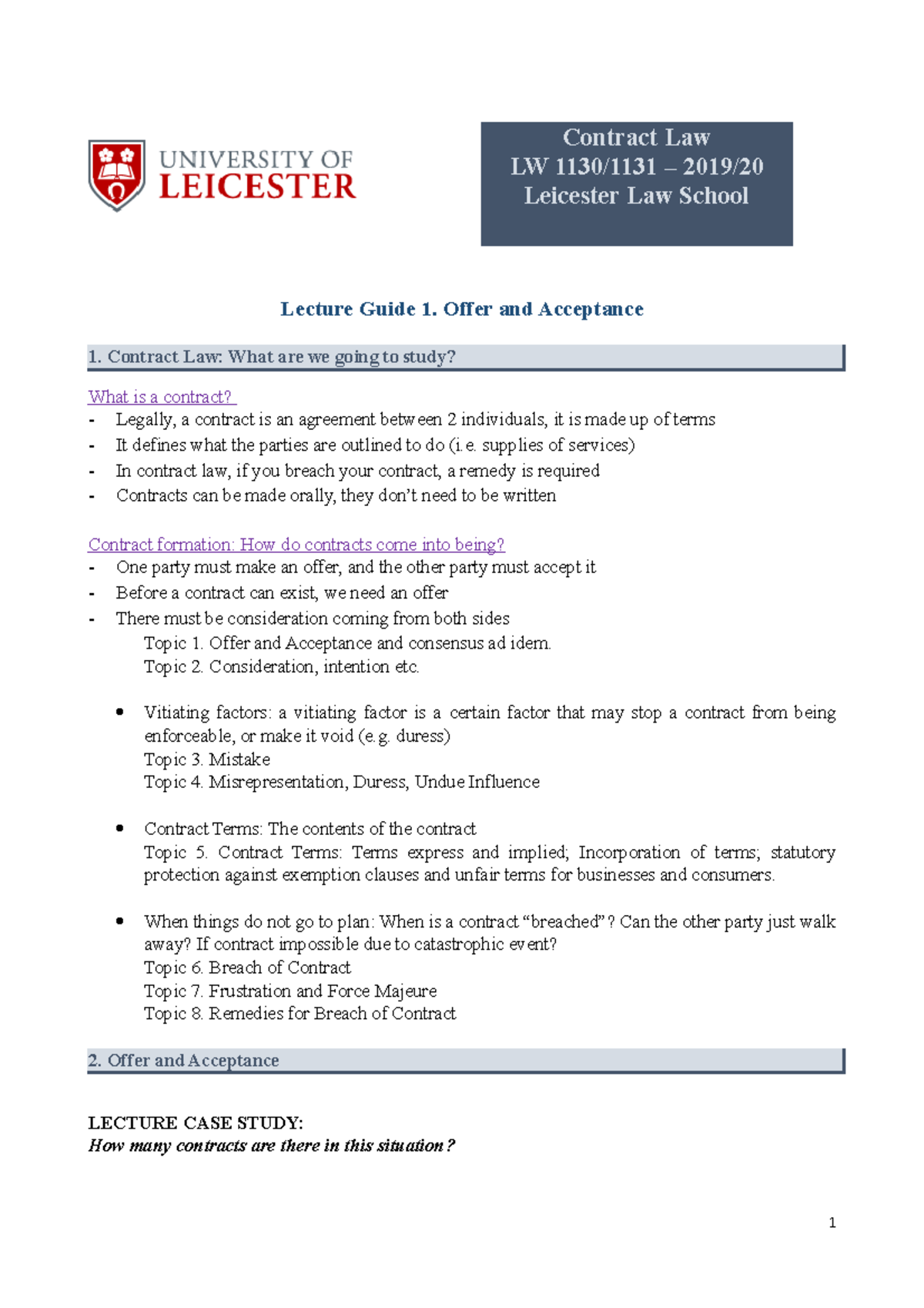 Contract Law Lecture Guide: Offer and Acceptance - Studocu