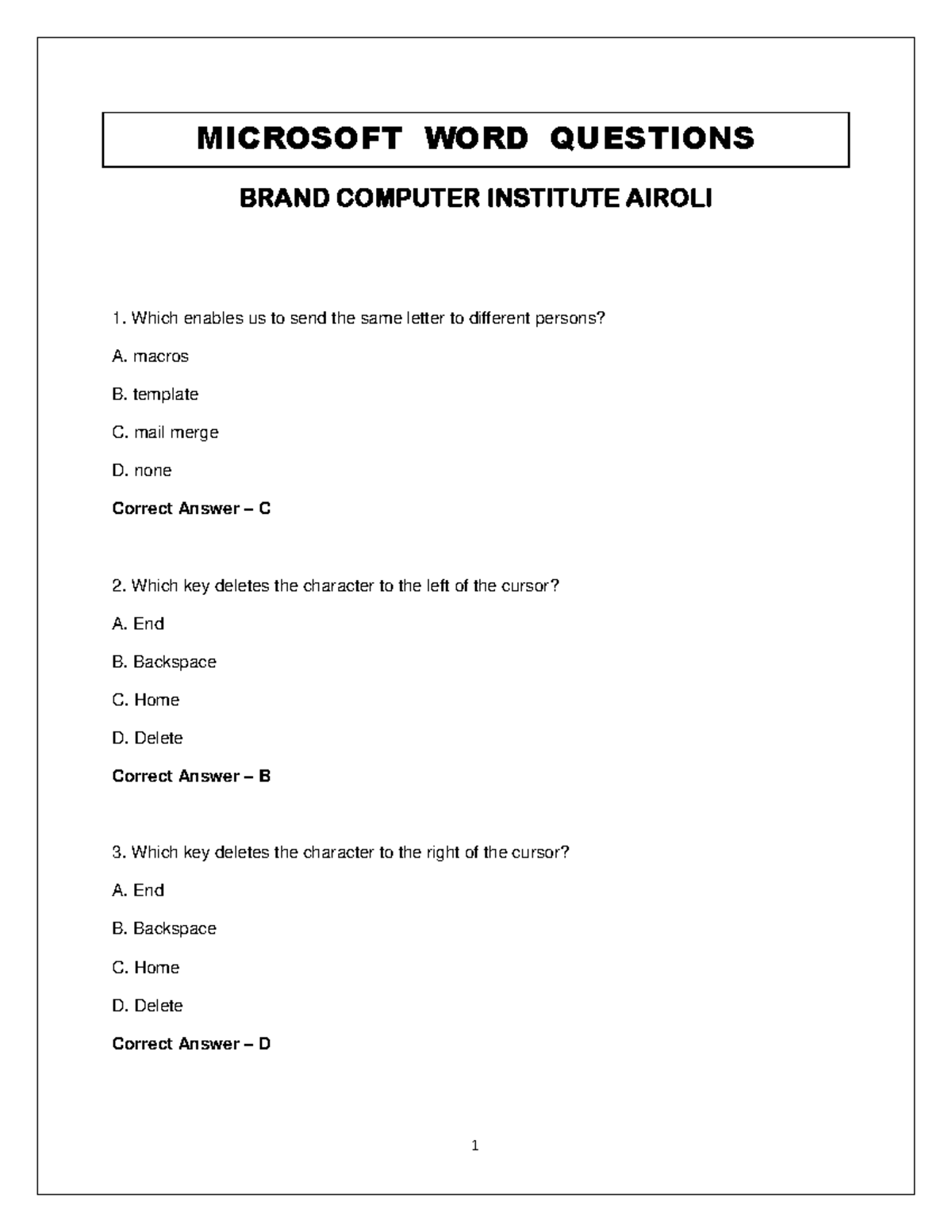 MICROSOFT WORD QUESTIONS - BRAND COMPUTER INSTITUTE AIROLI - Studocu