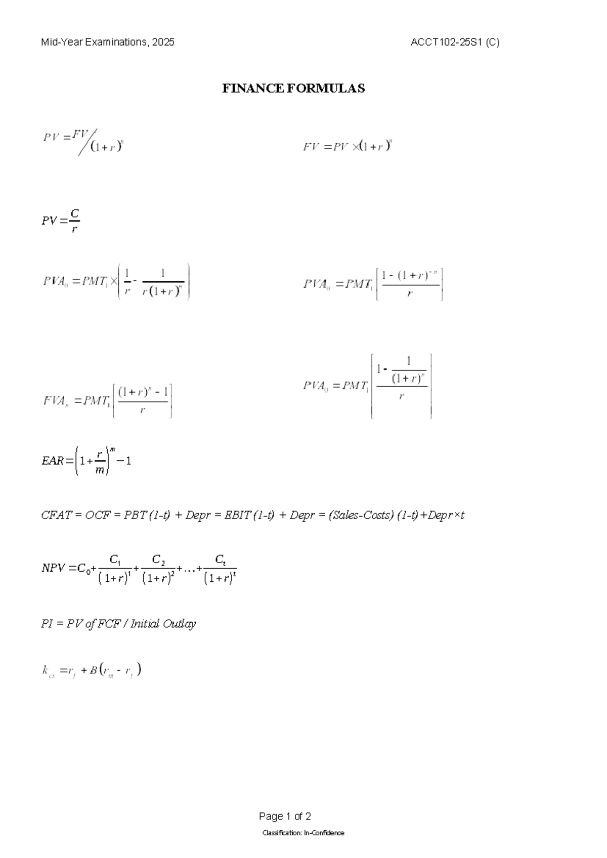2025S1 Exam - Formulas - Accounting and Financial Information ...