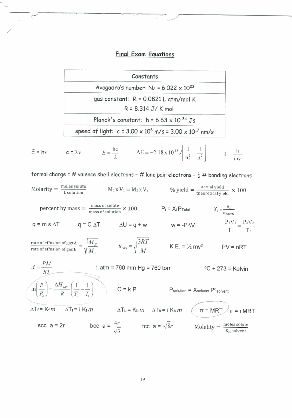 Chemistry 101: Final Exam Review Equations and Concepts - Studocu