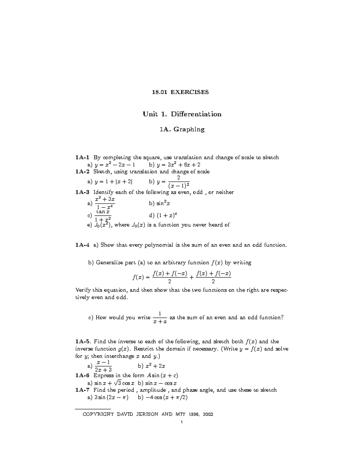 18.01SC Exercises: Differentiation and Graphing Techniques - Studocu