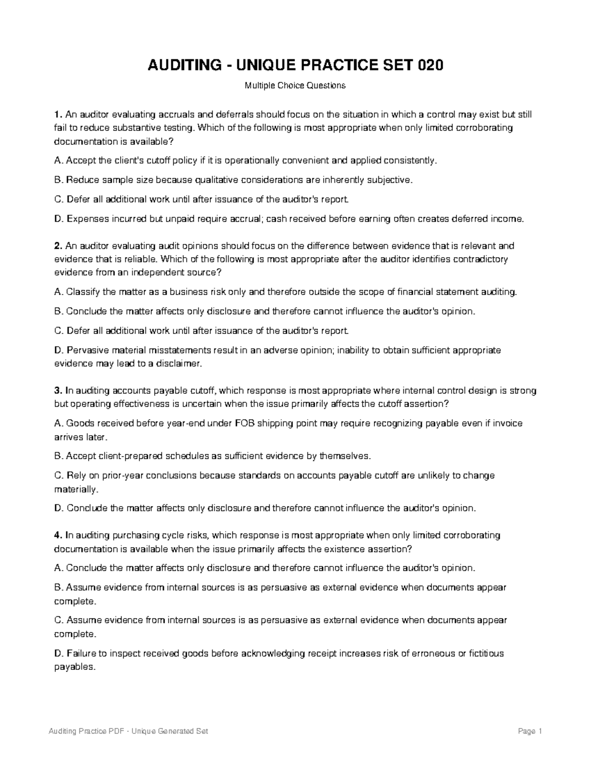 AUDITING 020 Unique Practice Set: Multiple Choice Questions - Studocu