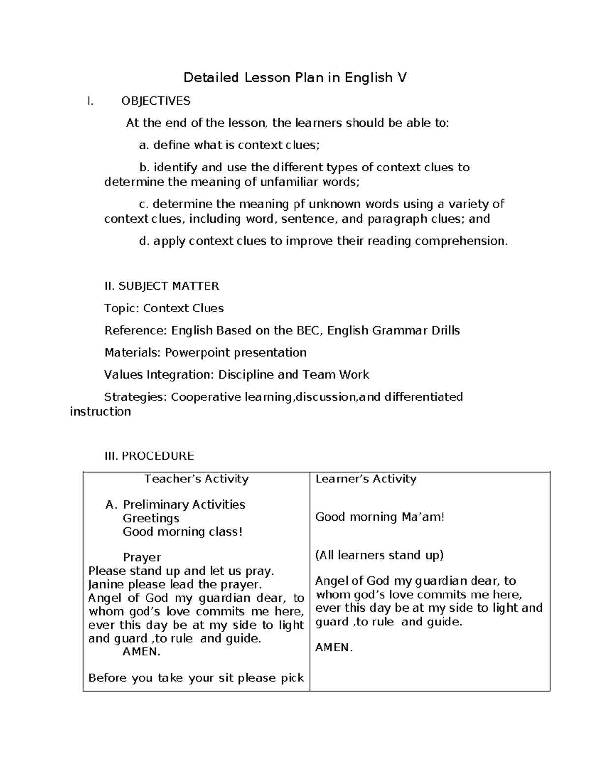 Detailed lesson plan in english V - Detailed Lesson Plan in English V I ...