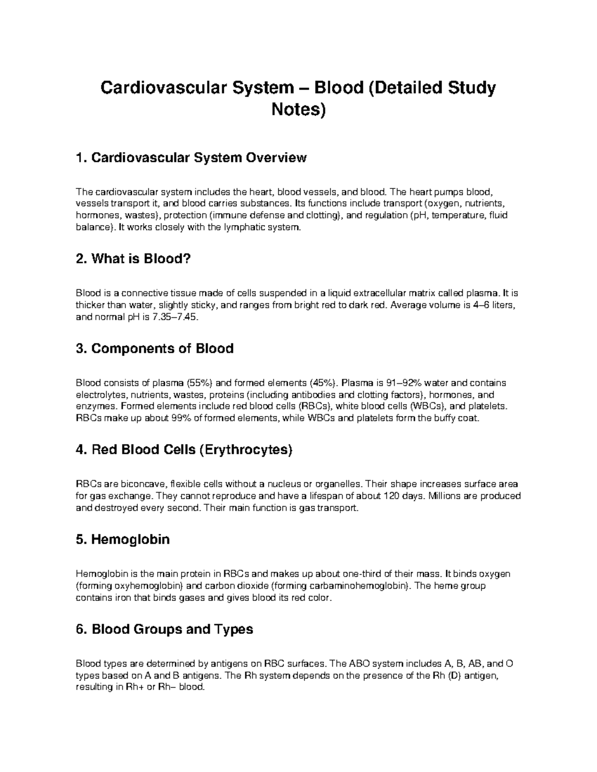Cardiovascular System Blood Notes (Detailed Study) - Studocu