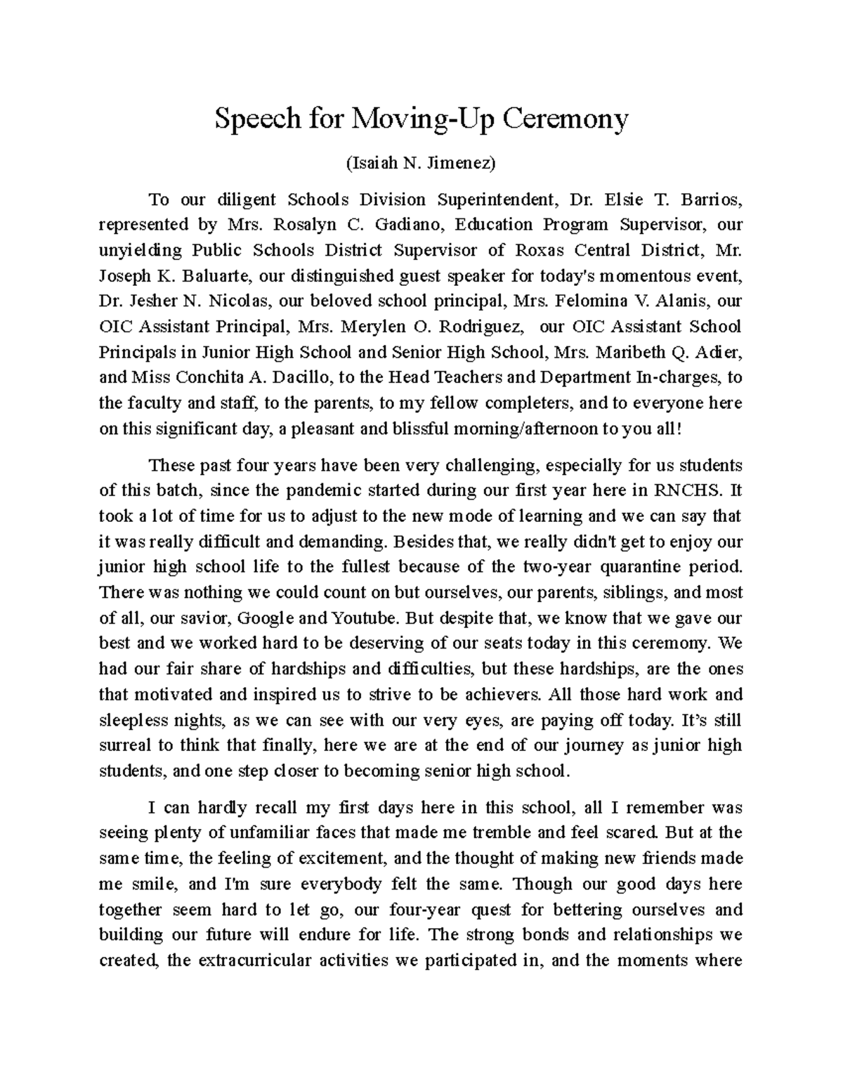 Speech for Moving Up Ceremony - Grade 10 Completers SY 2022-2023 - Studocu