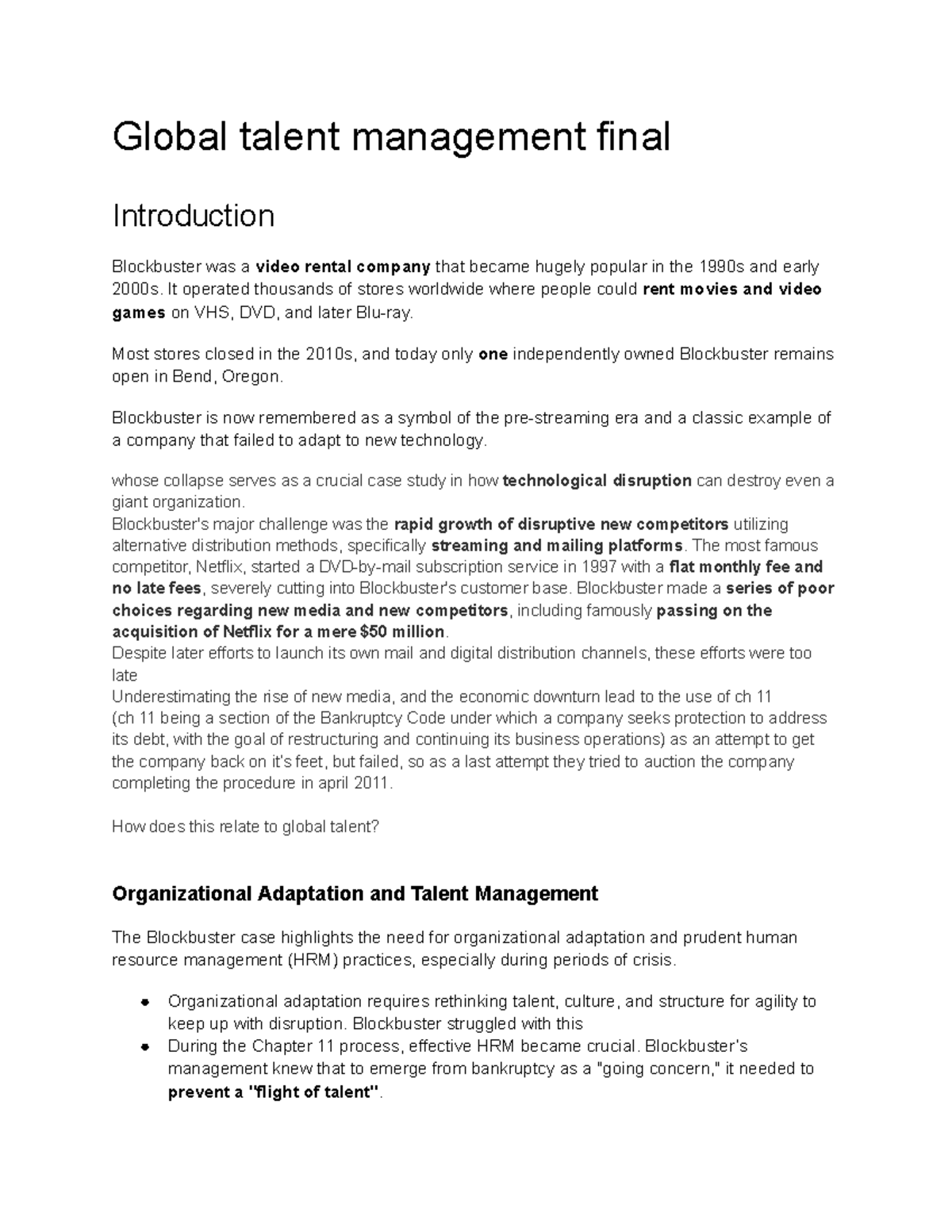 Global Talent Management Final: Blockbuster Case Study Analysis - Studocu