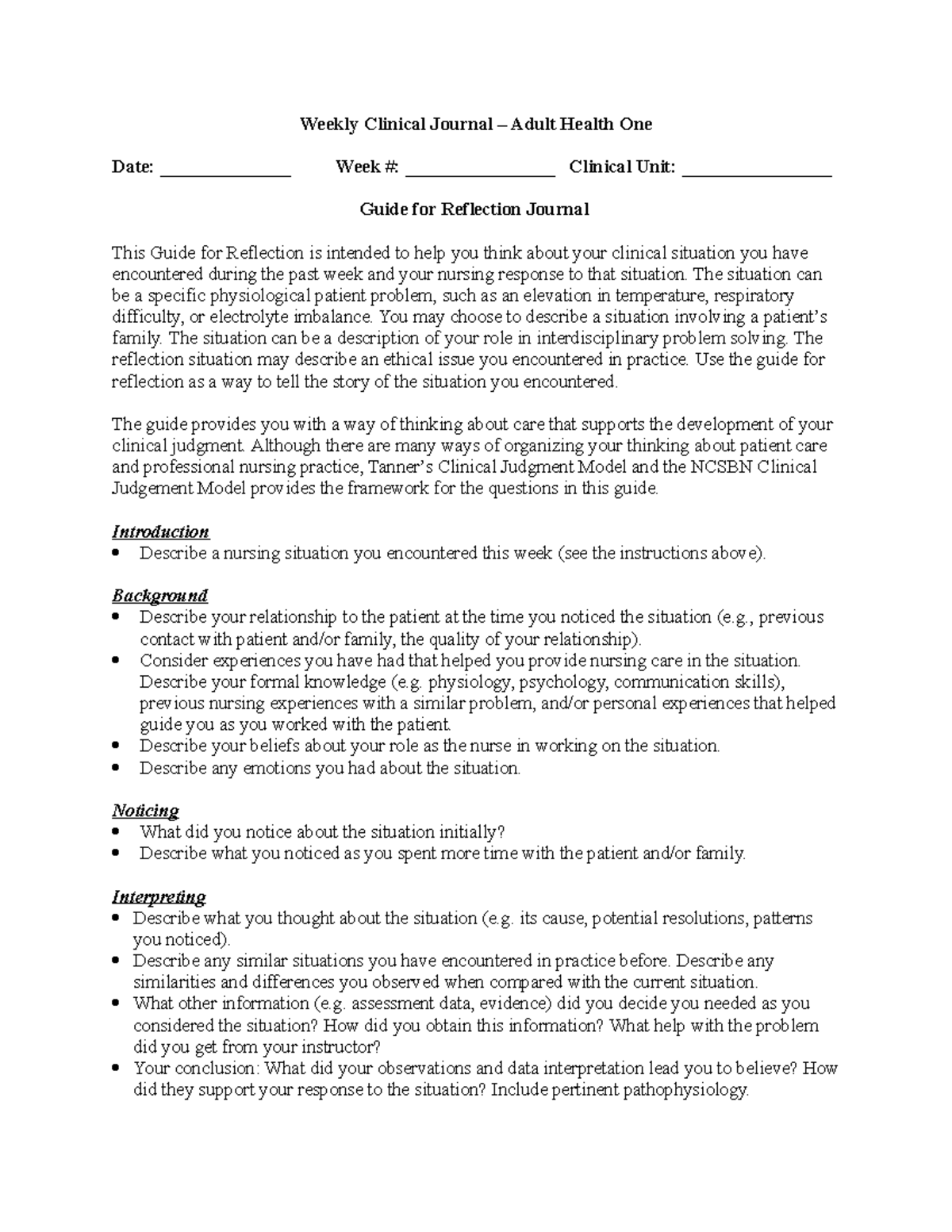 Reflection Journal Guide for AH1 Weekly Clinical Practice - Studocu