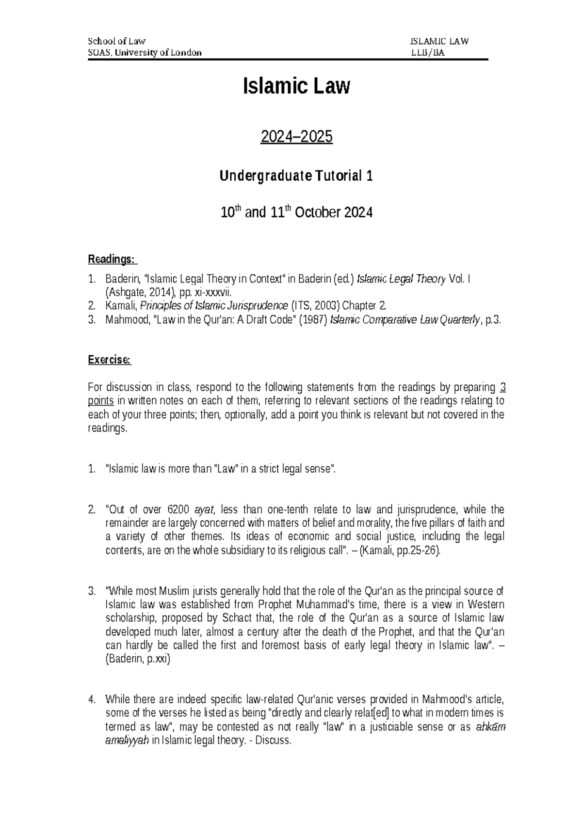 UG Islamic Law Tutorial Sheets 1-3 2024-2025 - SOAS, University of ...