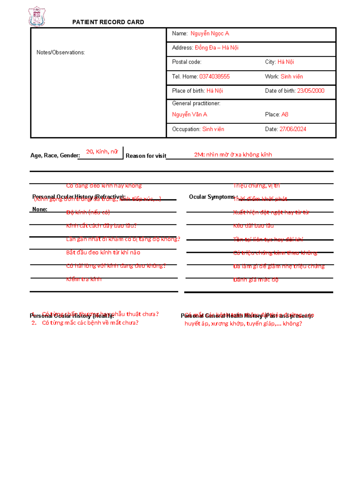 Comprehensive Patient Record Card for Nguyễn Ngọc A - Studocu