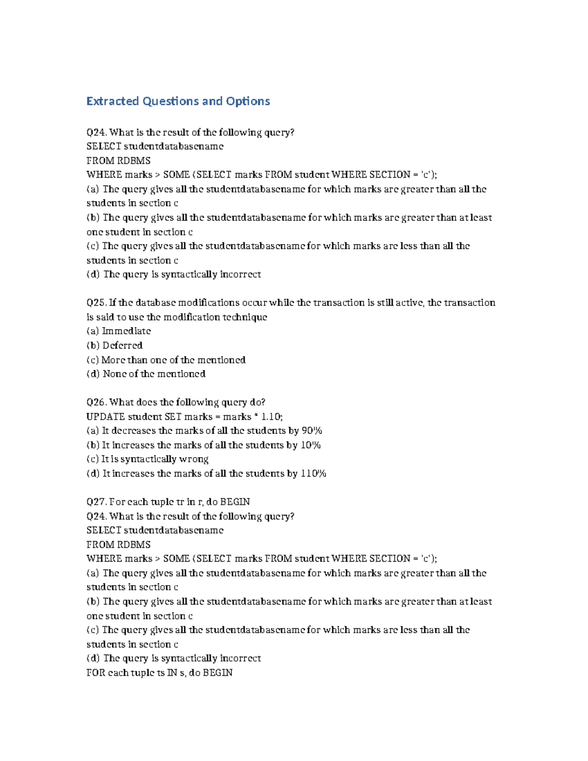 Database Query Questions and Answers - CS101: Extracted Questions - Studocu