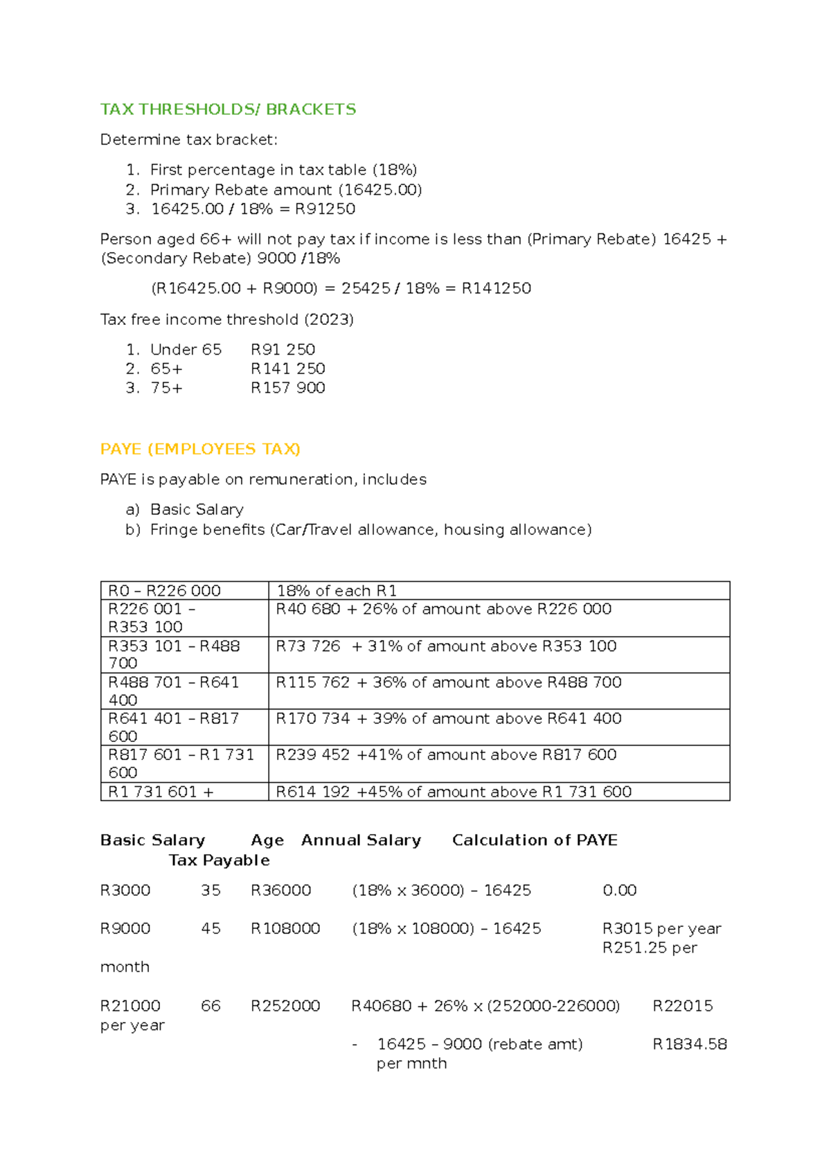 PMSR Notes - pmsr - TAX THRESHOLDS/ BRACKETS Determine tax bracket: 1 ...