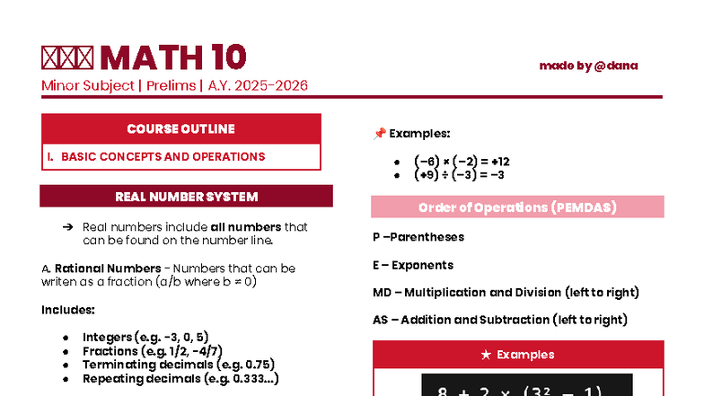 Math 10 reviewer - MATH 10 made by @dana Minor Subject | Prelims | A ...