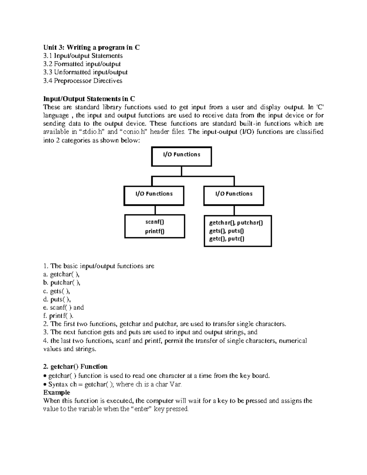 Unit 3: C Programming - Input/Output Functions & Directives - Studocu