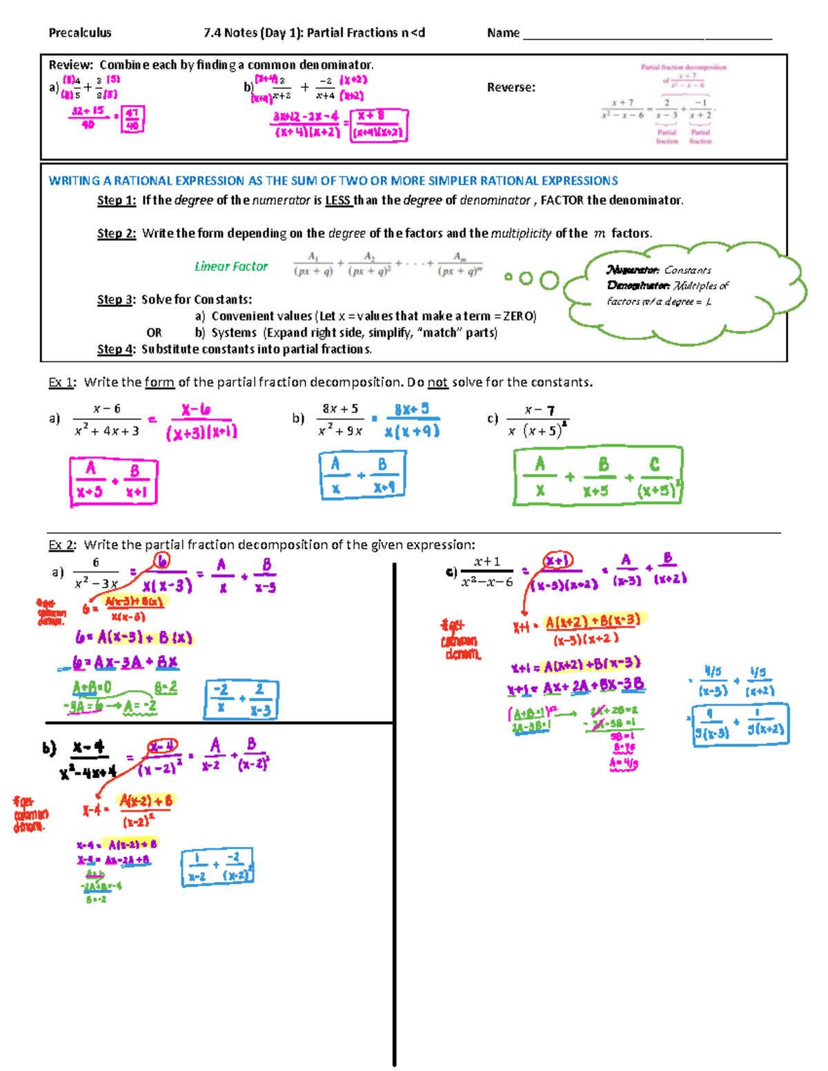 Precalculus 7.4 Notes (Day 1): Partial Fractions Review - Studocu