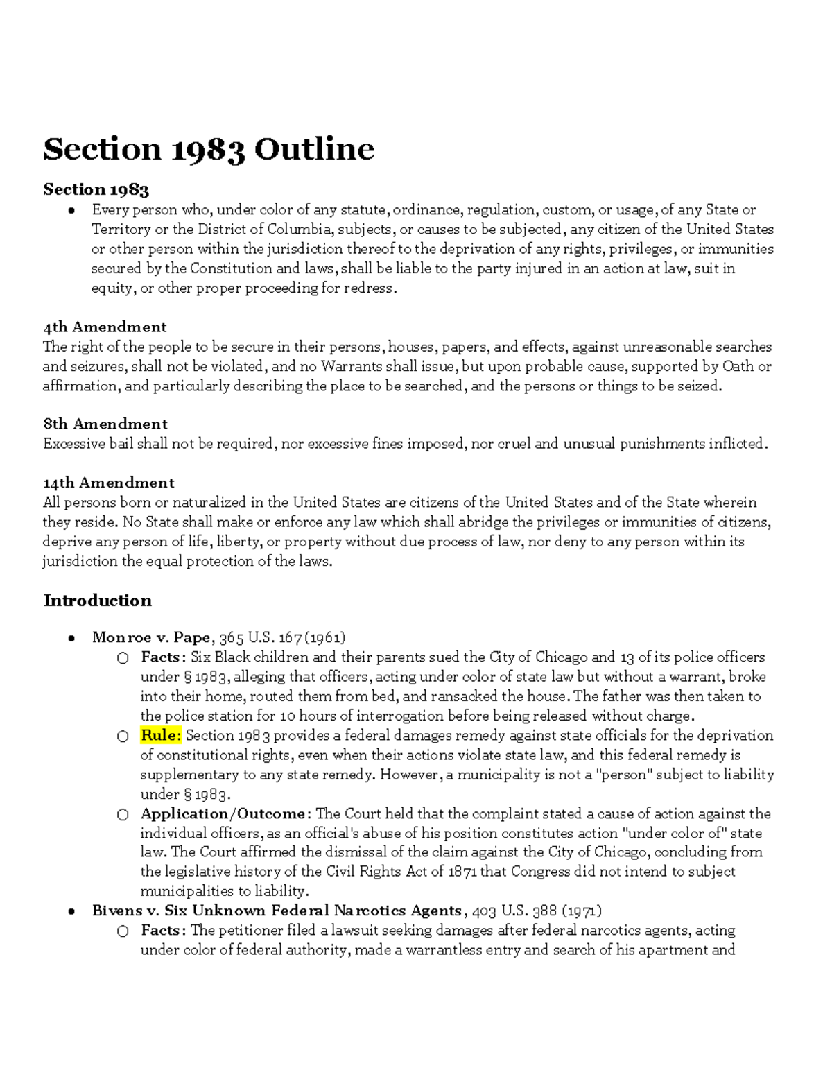 Section 1983 Outline: Key Cases and Constitutional Principles - Studocu