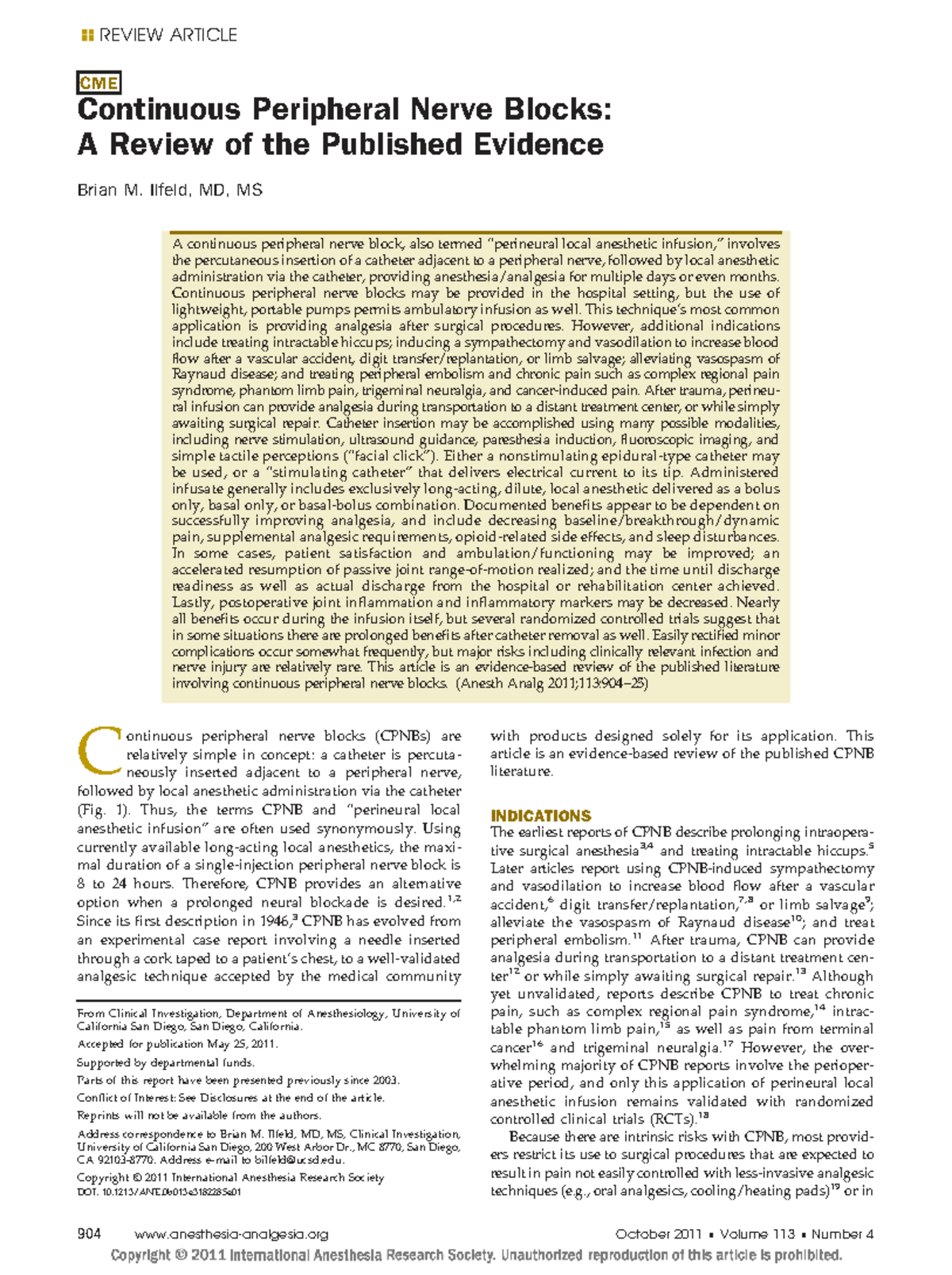 CME CPNB: Comprehensive Review of Continuous Peripheral Nerve Blocks ...