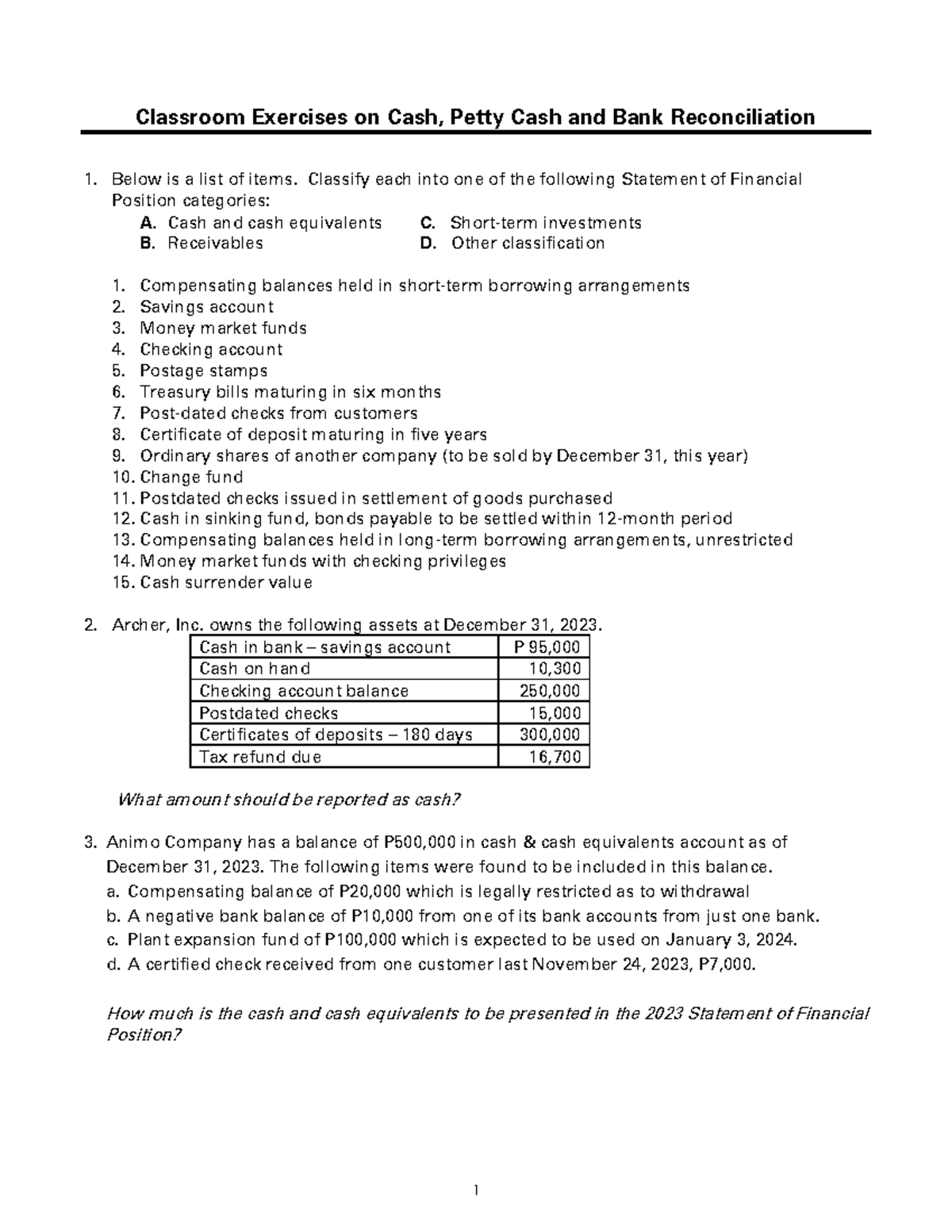 CE on Cash - Class Exercises on Cash and Cash Equivalents - Classroom ...