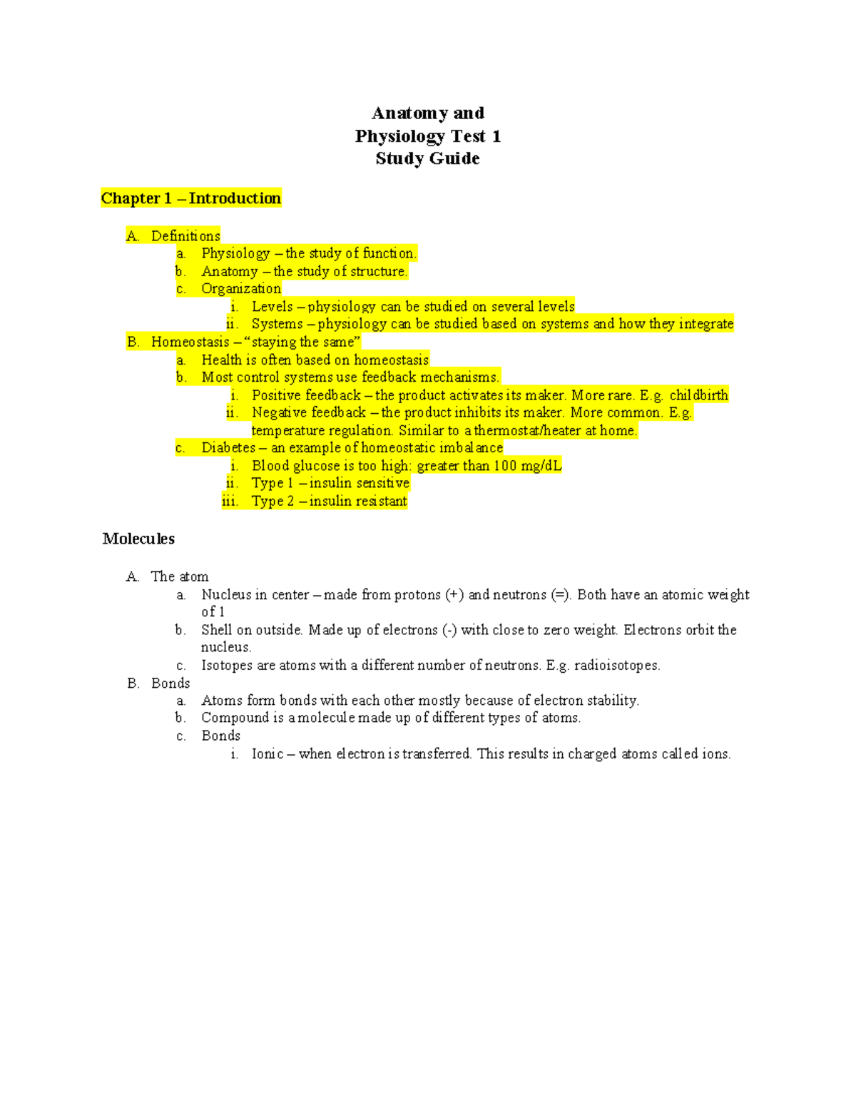 Anatomy & Physiology Test 1 Study Guide: Key Concepts & Terms - Studocu