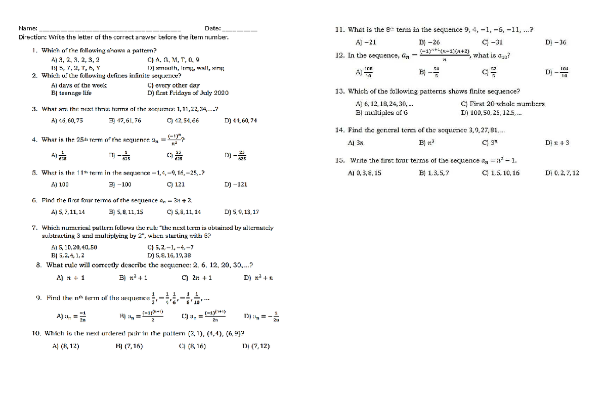 G10 Math 10 Weekly Summative Test - Arithmetic Sequences - Studocu
