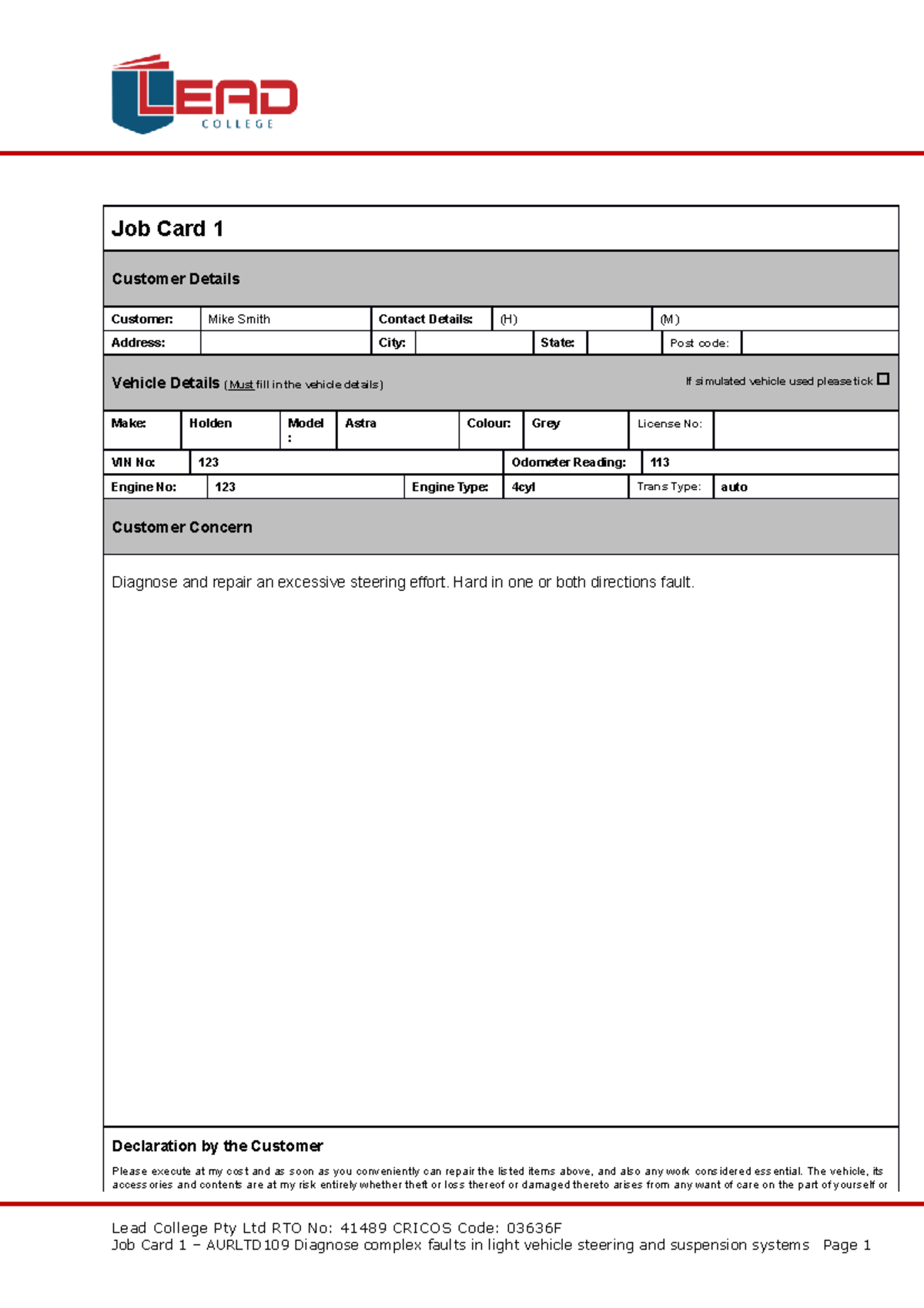 Job Card 1 (AURLTD109) - Diagnose Vehicle Steering Issues - Studocu
