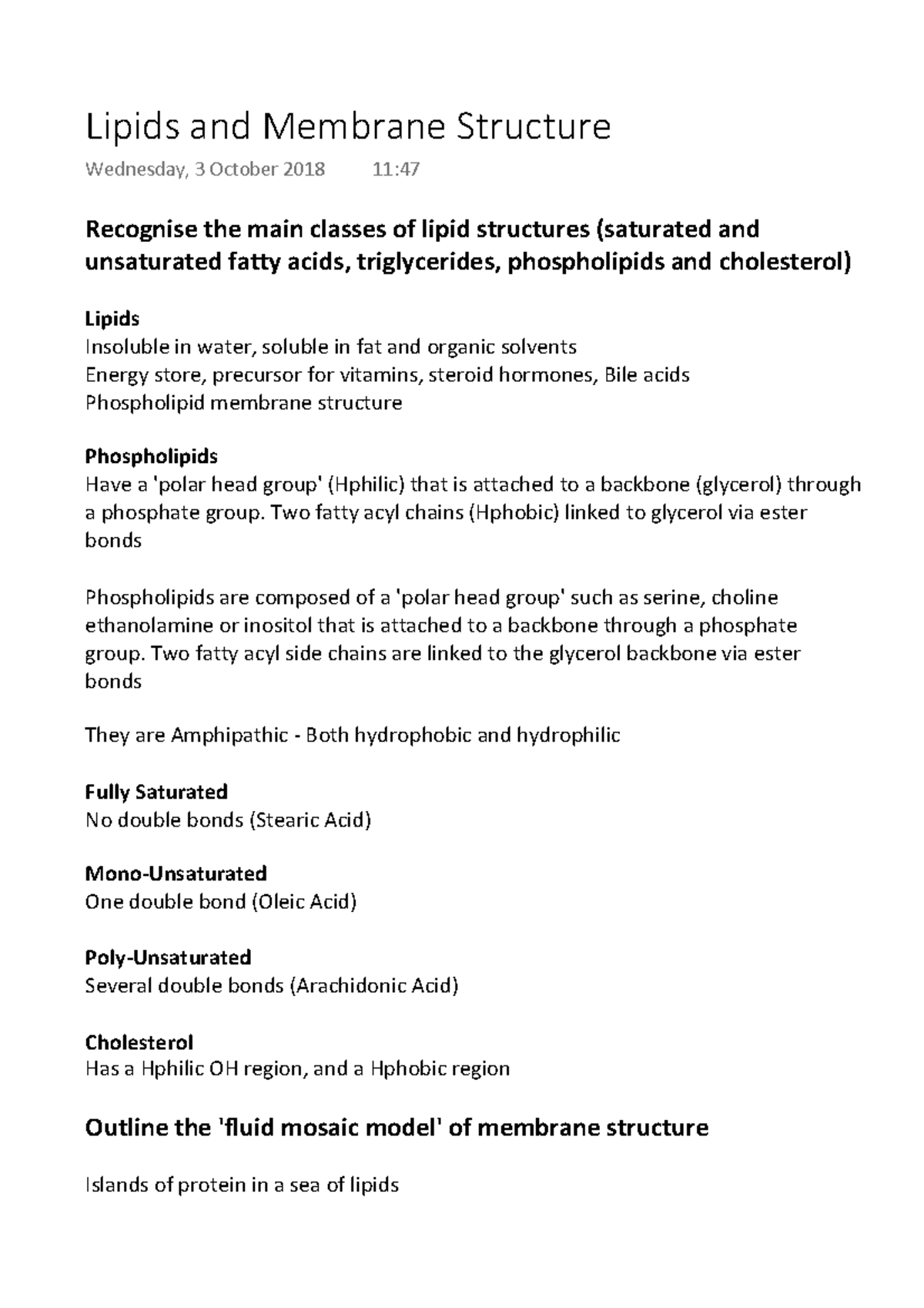 Lipids and Membrane Structure - Recognise the main classes of lipid ...