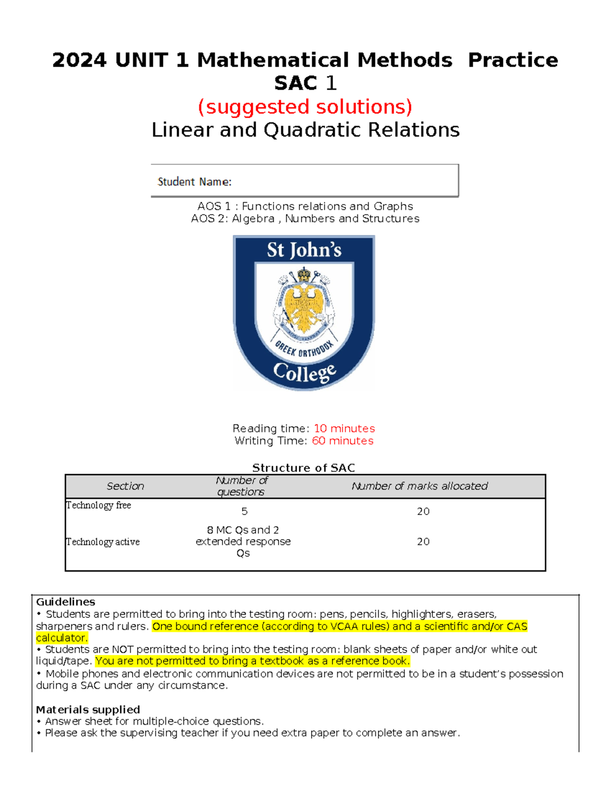 2024 UNIT 1 Mathematical Methods Practice SAC Suggested Solutions - Studocu