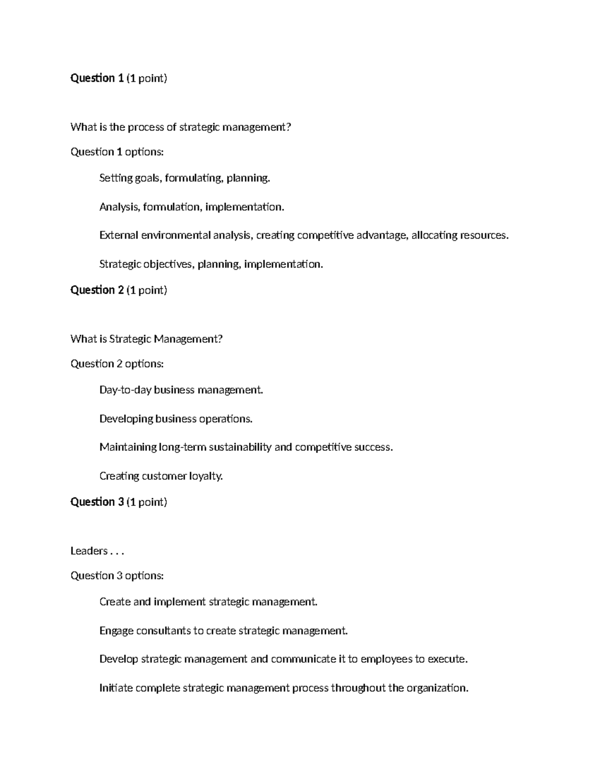 Strategic Management Quiz 1: Key Concepts and Questions - Studocu