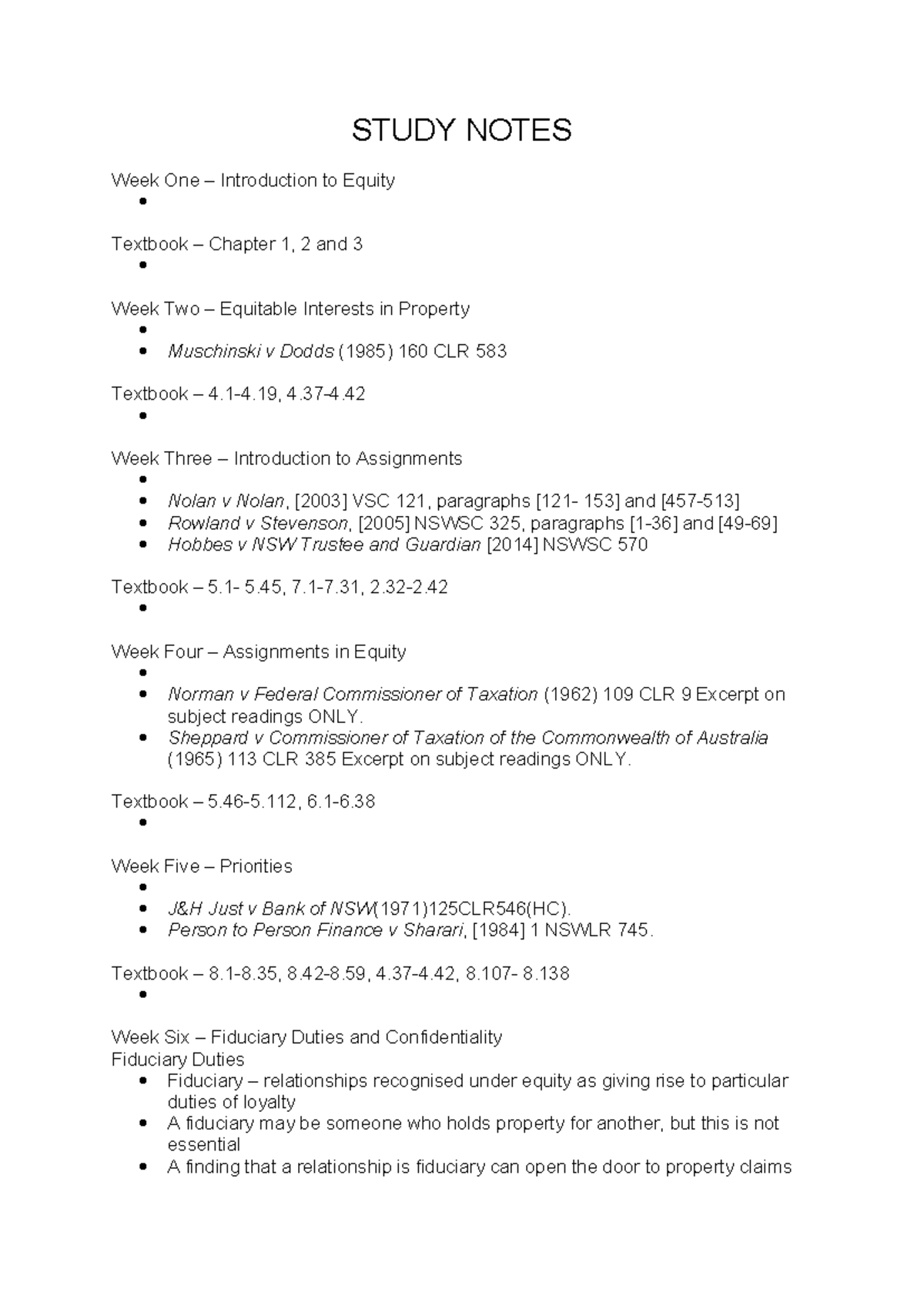 Study Notes: Equity Law Overview (Weeks 1-11) - Studocu