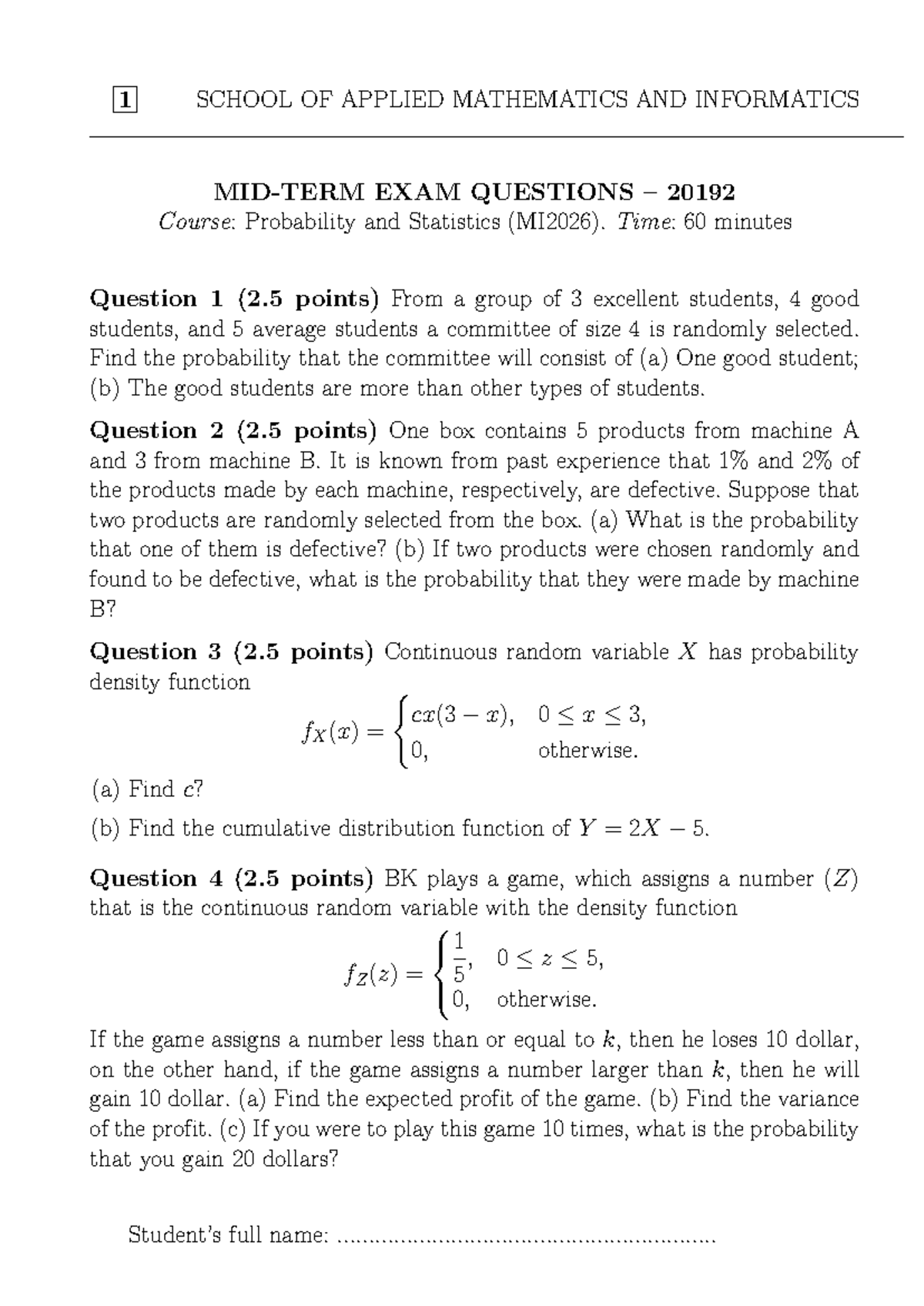 MI2026 Mid-Term Exam 2019 2: Probabilities & Statistics Questions - Studocu