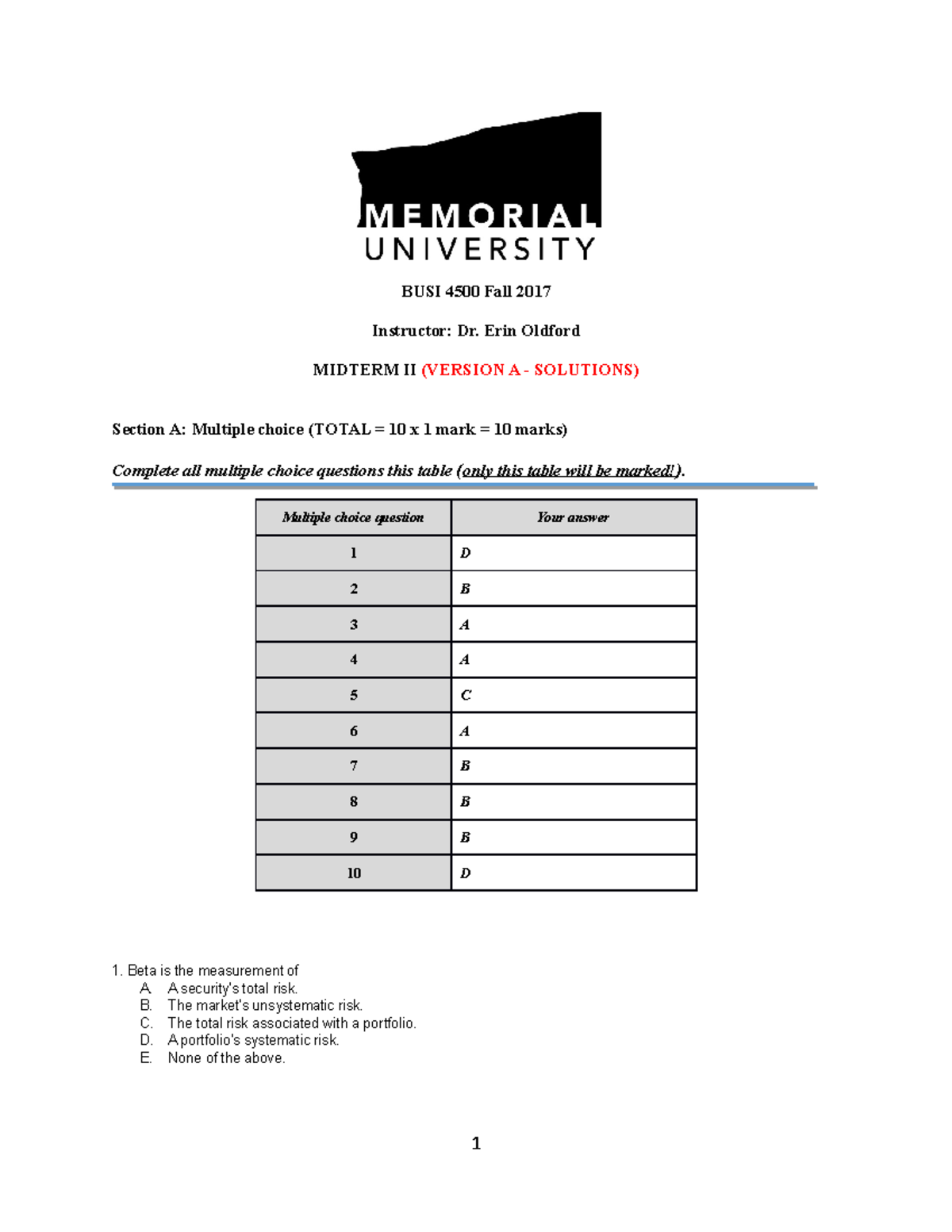 BUSI 4500 Midterm II Exam Solutions - November 2017 - Studocu
