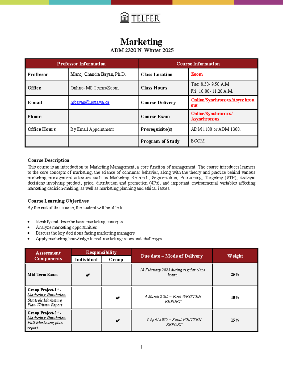 Course Outline for Marketing Management ADM 2320 - Winter 2025 - Studocu
