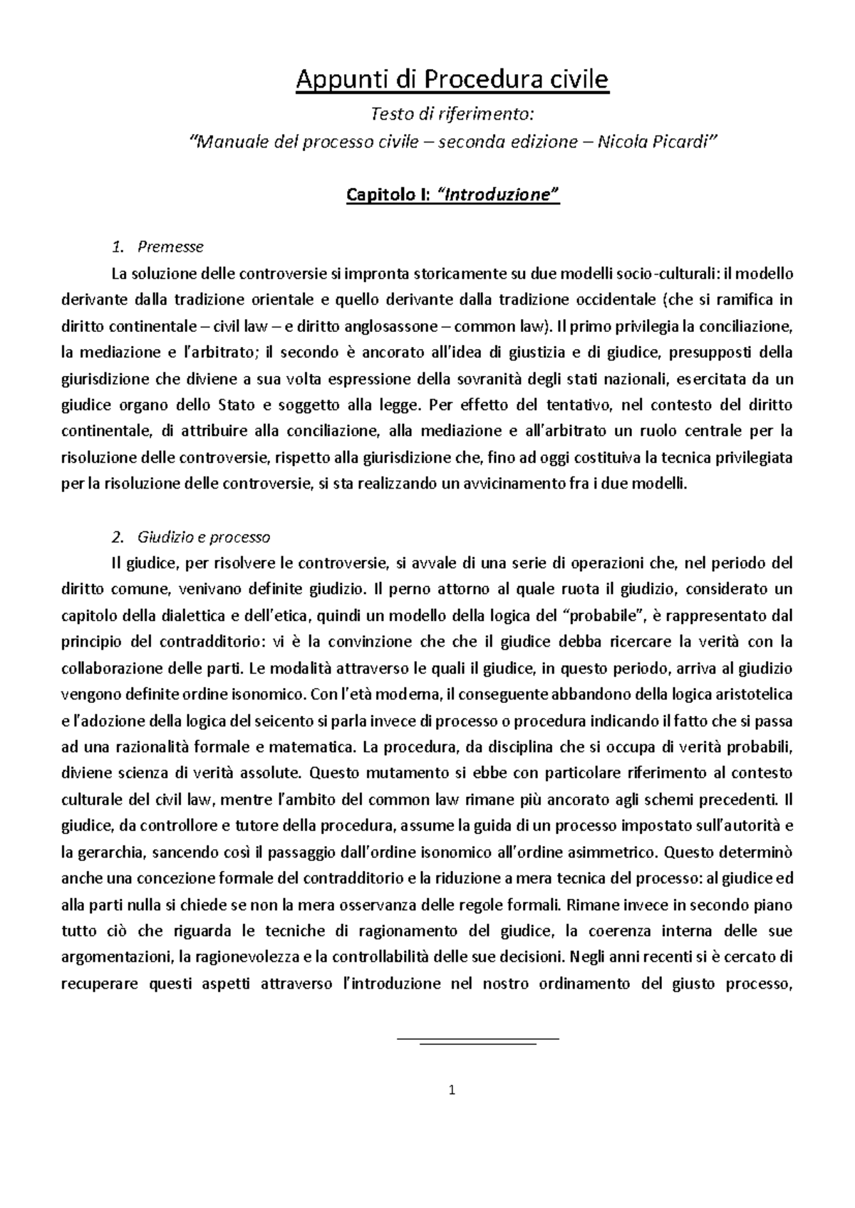 Appunti di Procedura Civile - Capitolo I: Modelli di Risoluzione delle ...
