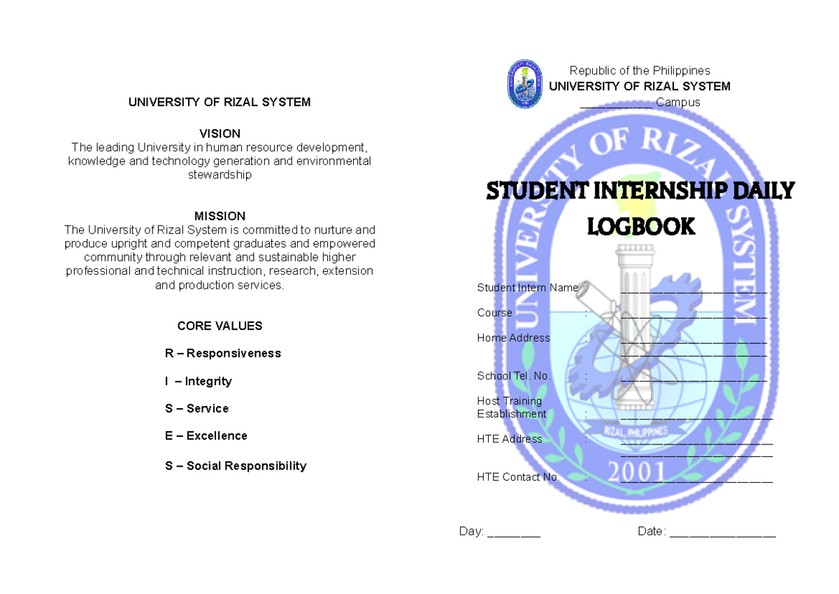 Student Intern Daily Logbook - UNIVERSITY OF RIZAL SYSTEM VISION The ...