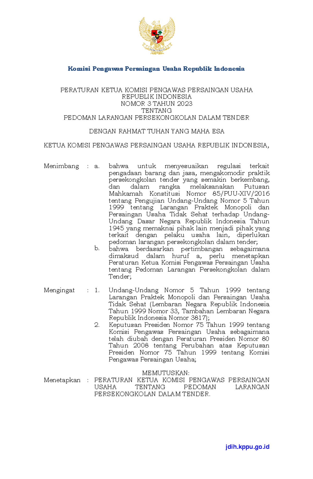 Pedoman Larangan Persekongkolan dalam Tender - KPPU 003 tahun 2023 - Document Preview