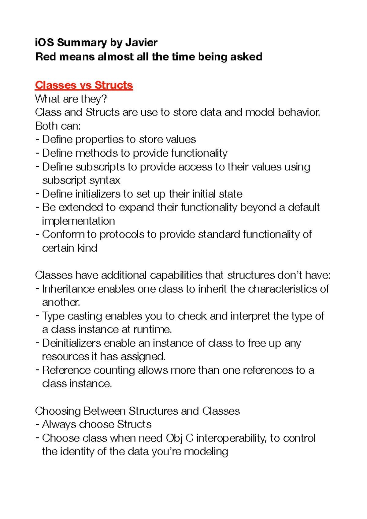 iOS Class vs Structs Summary - Key Concepts and Differences - Studocu