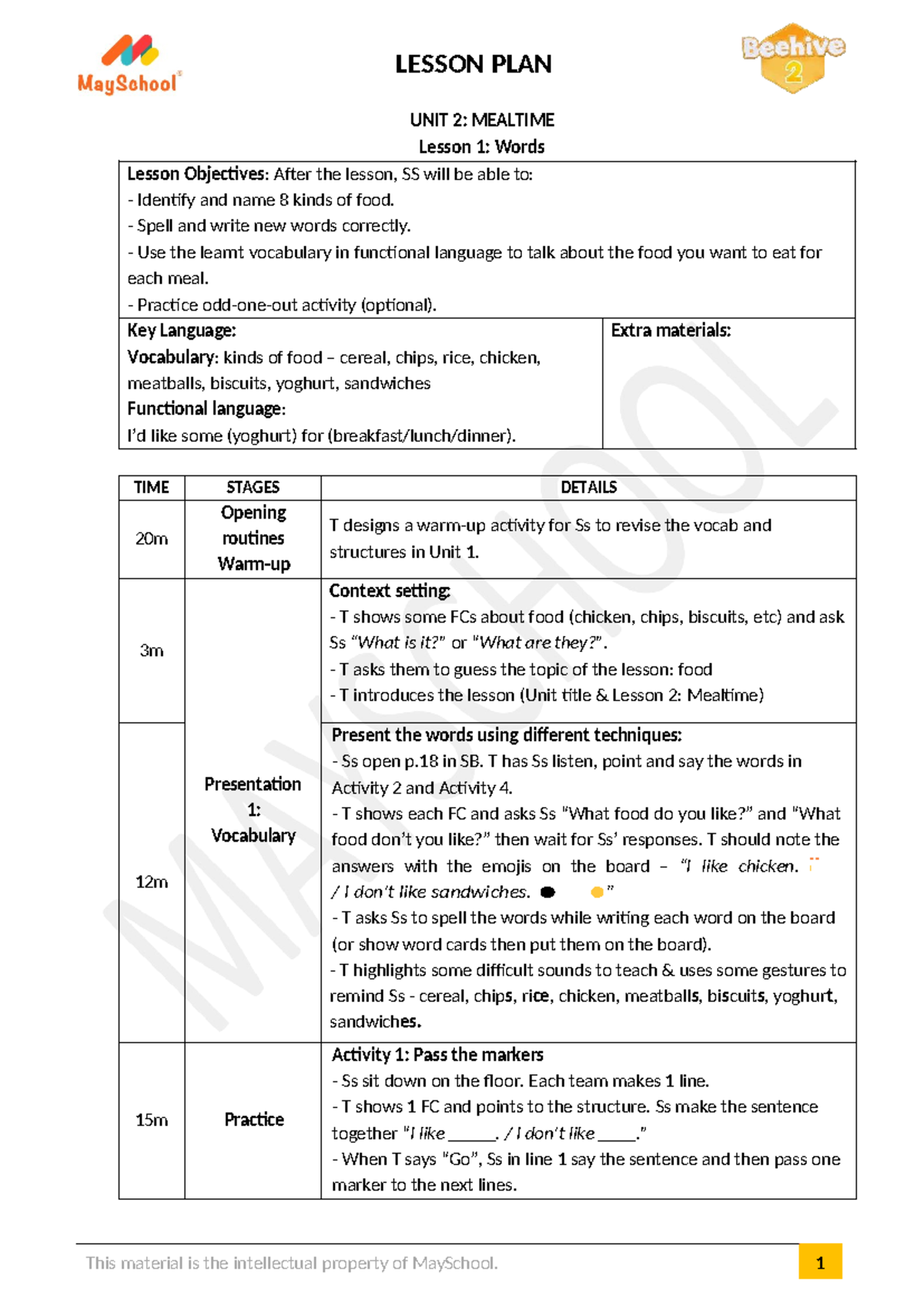 Beehive 2 Lesson Plan: Unit 2, Lesson 1 - Mealtime Vocabulary - Studocu