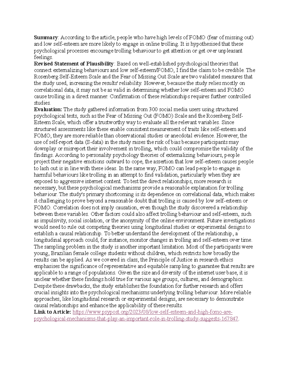 Article Evaluation: FOMO, Trolling, and Psychological Mechanisms (PSY ...