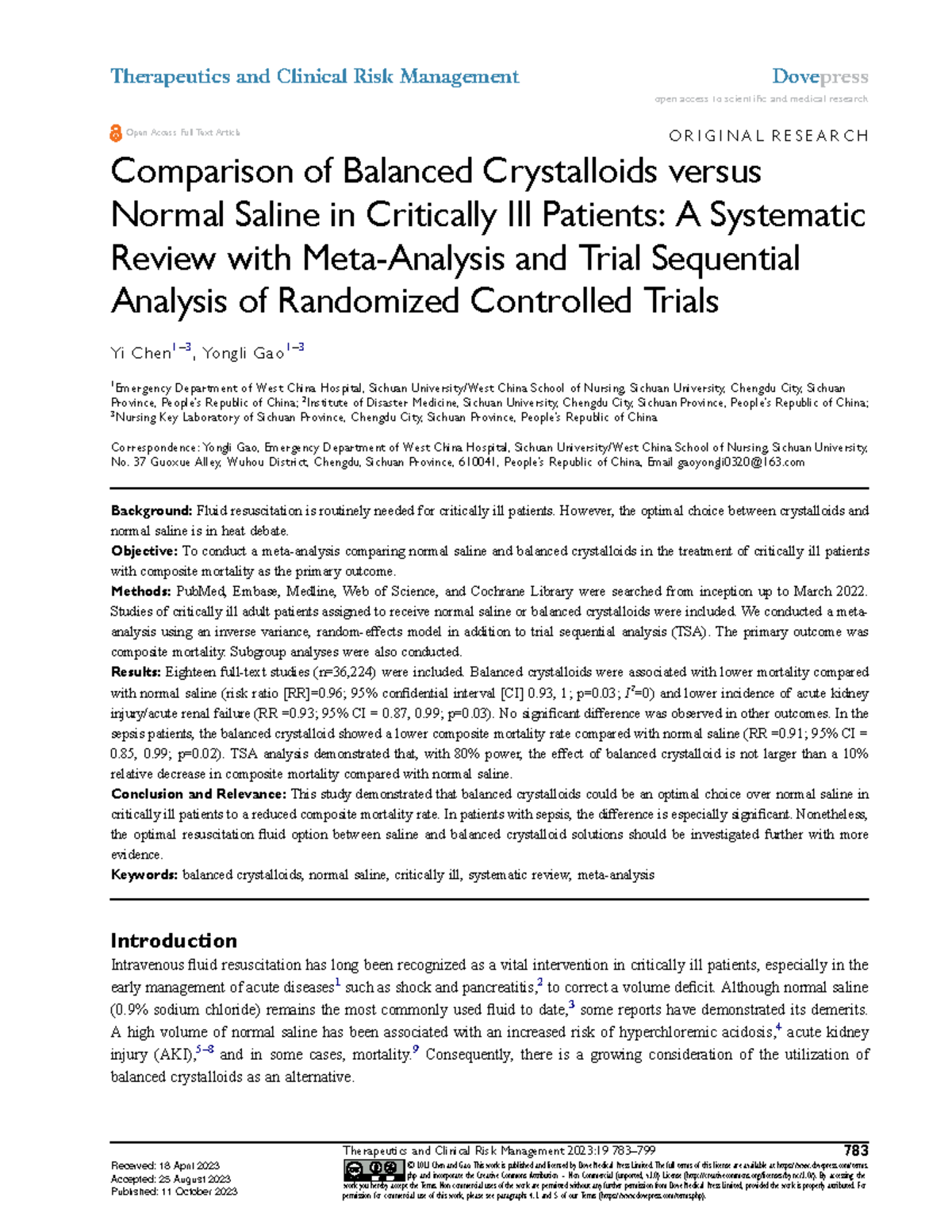 Comparison of Balanced Crystalloids vs Normal Saline in Critically Ill ...
