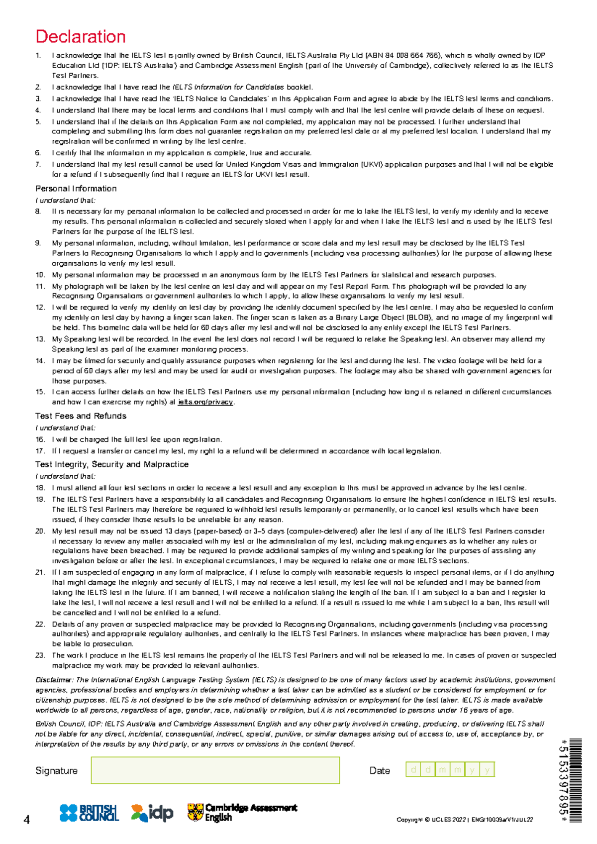 IELTS Declaration Page Form - Important Terms and Acknowledgements ...