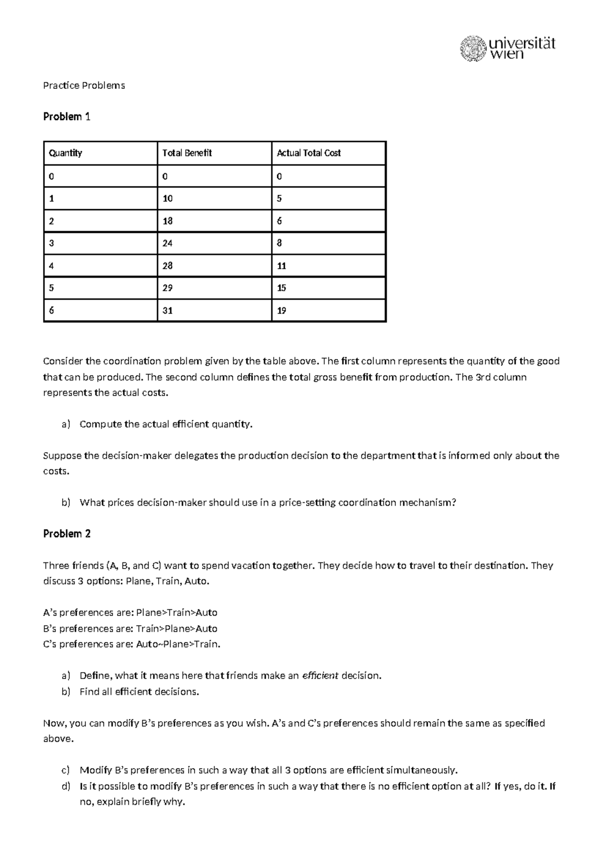 Practice Problems: Coordination & Efficiency Analysis - Studocu