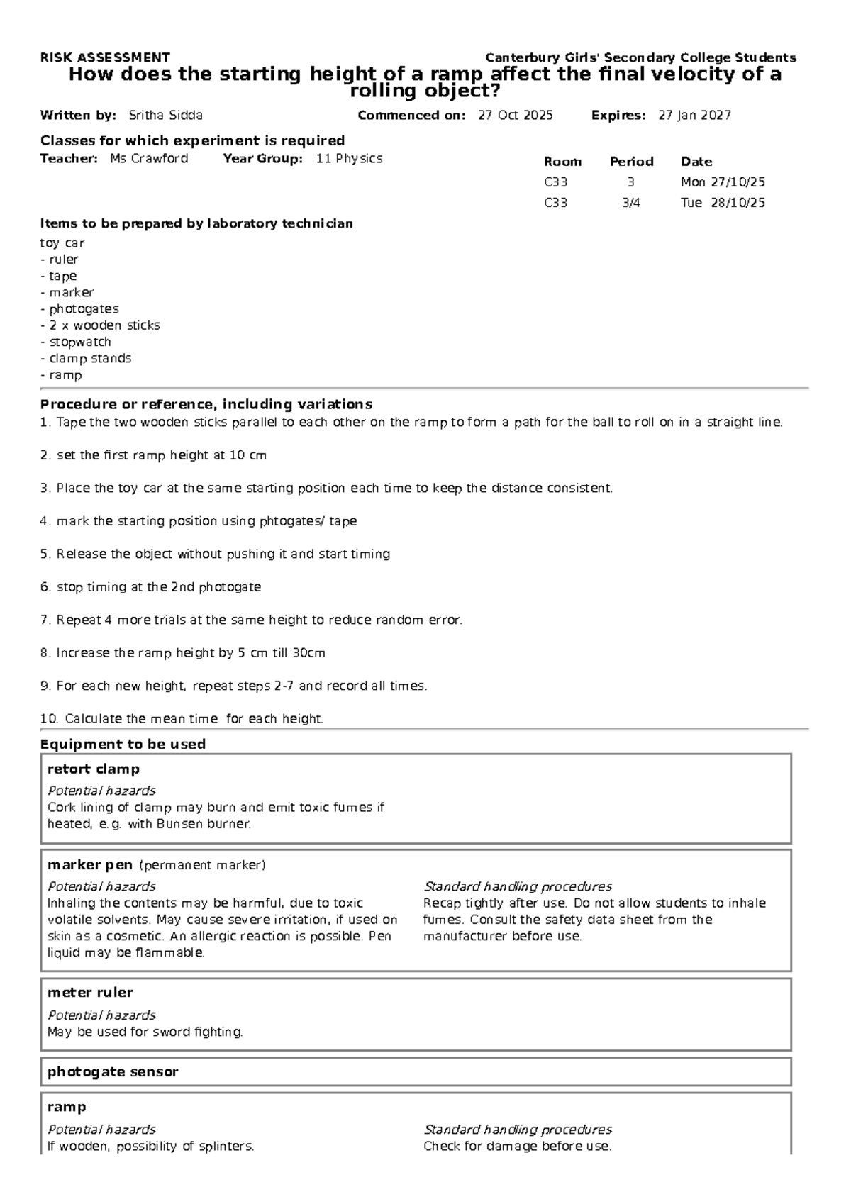 RISK ASSESSMENT: Ramp Height Impact on Velocity - Year 11 Physics - Studocu