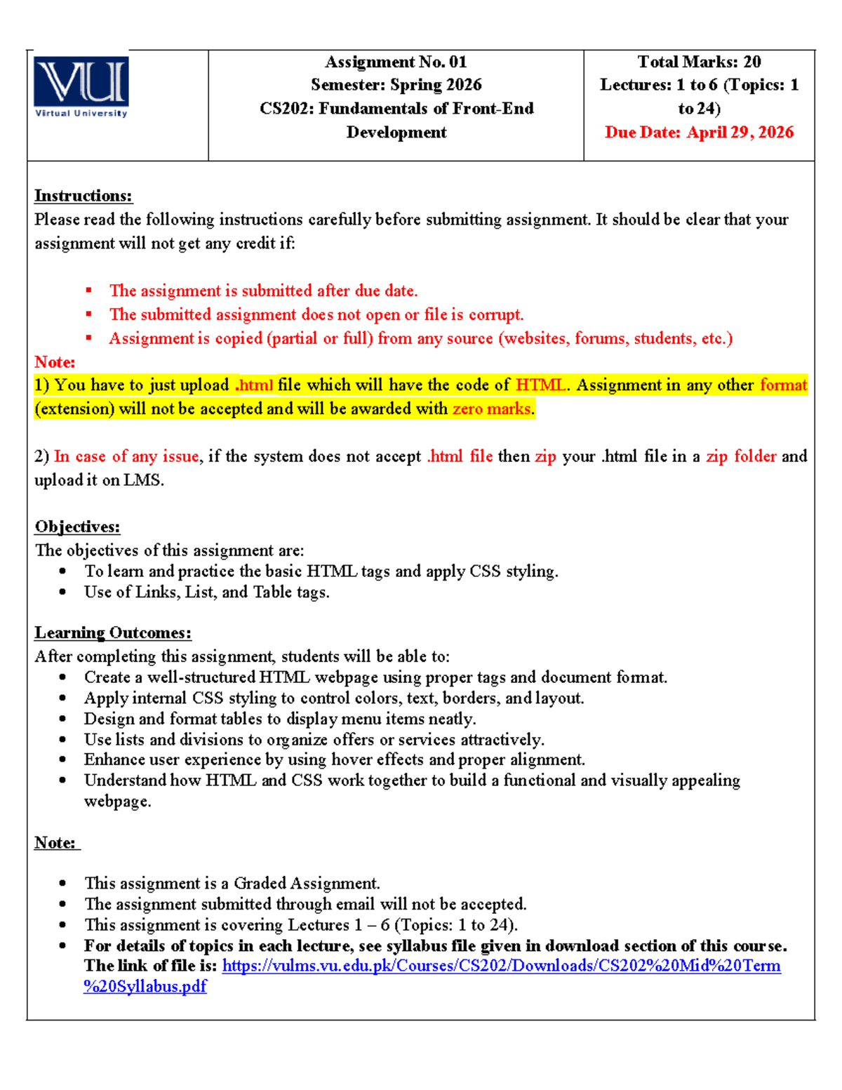 Spring 2026 CS202: Assignment 01 - HTML & CSS Basics - Studocu