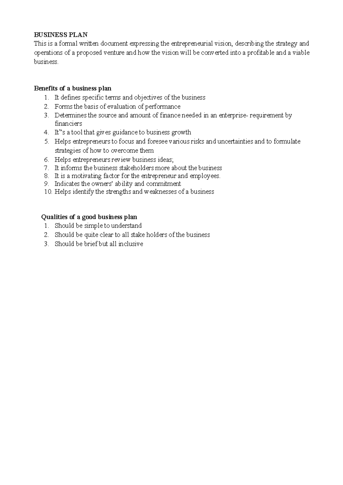 BUS 101: Comprehensive Business PLAN Notes for Entrepreneurs - Studocu