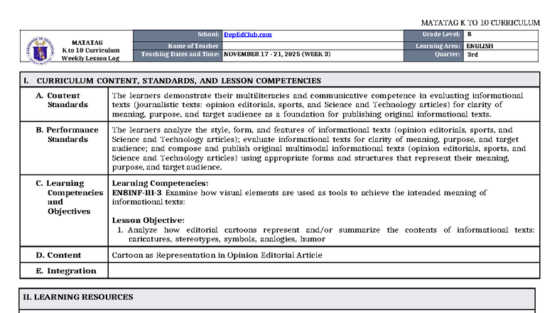 DLL Matatag K to 10 English 8 Week 3 Lesson Log - Studocu