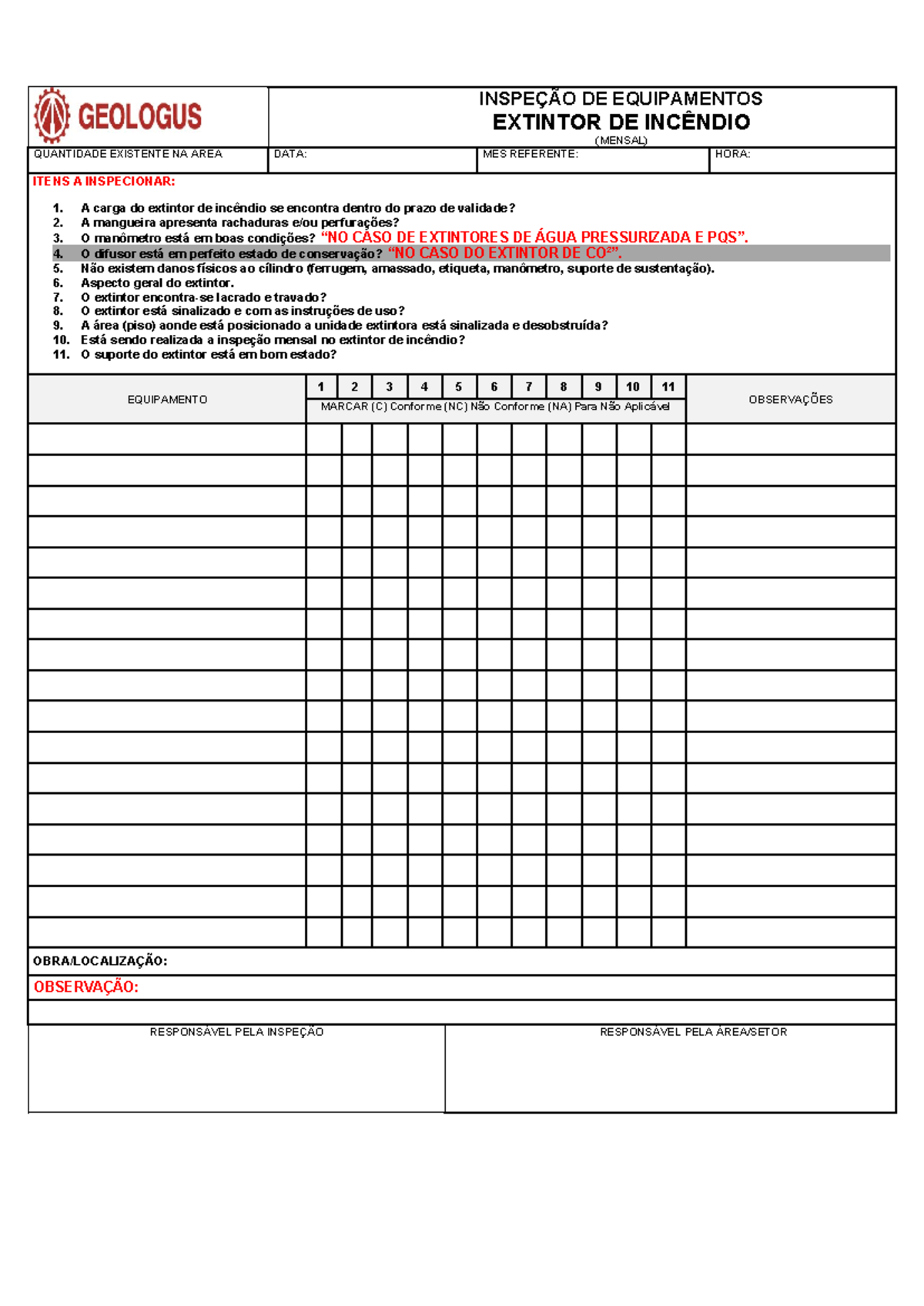 Checklist Extintor de Incêndio - INSPEÇÃO DE EQUIPAMENTOS EXTINTOR DE ...